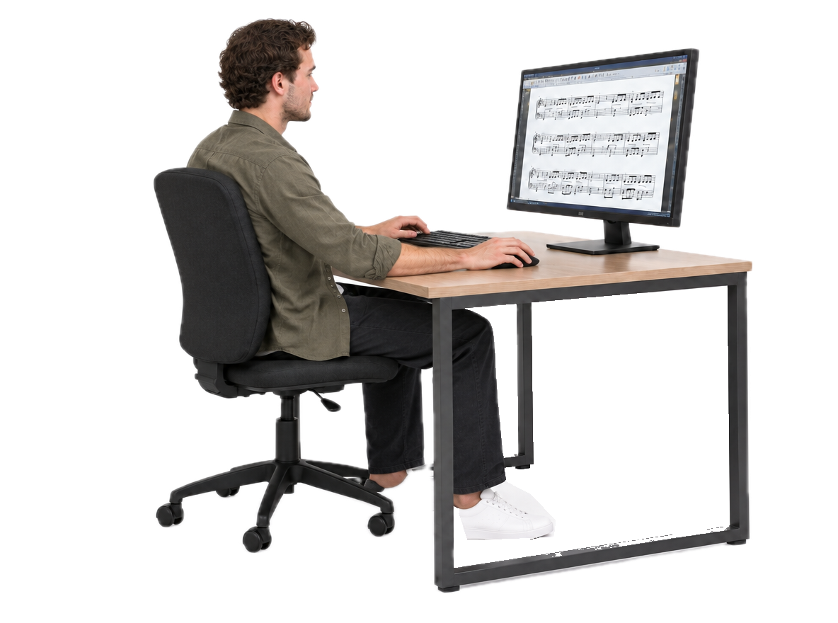 A musician at a desk, writing a score on the computer
