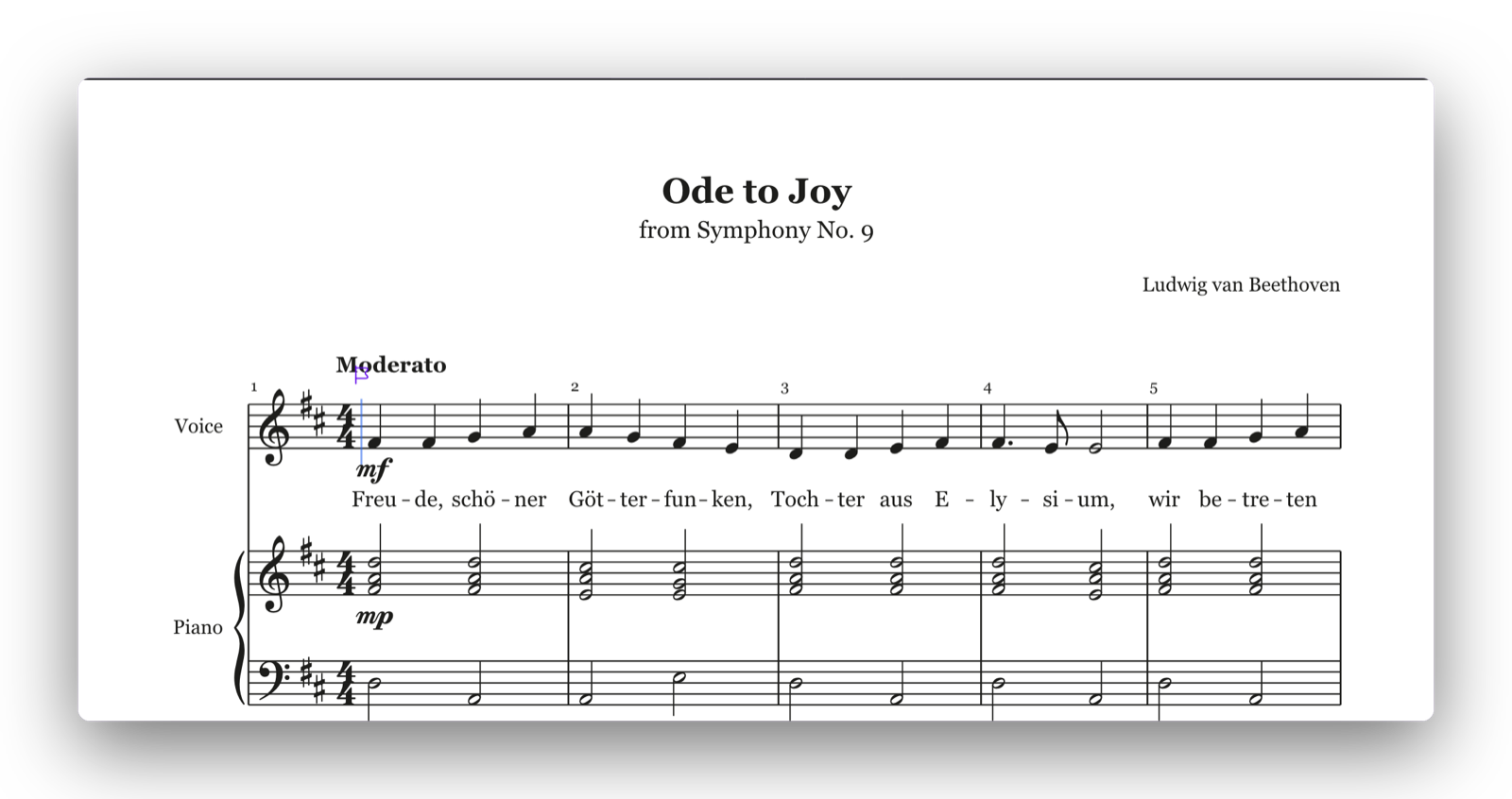 A converted Encore score, Ode to Joy for voice and piano, drawn by Otra Rescue